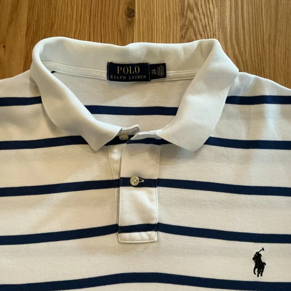 Polo Ralph Lauren Striped Polo Shirt Men's XXL Blue White Cotton Short‎ Sleeve
